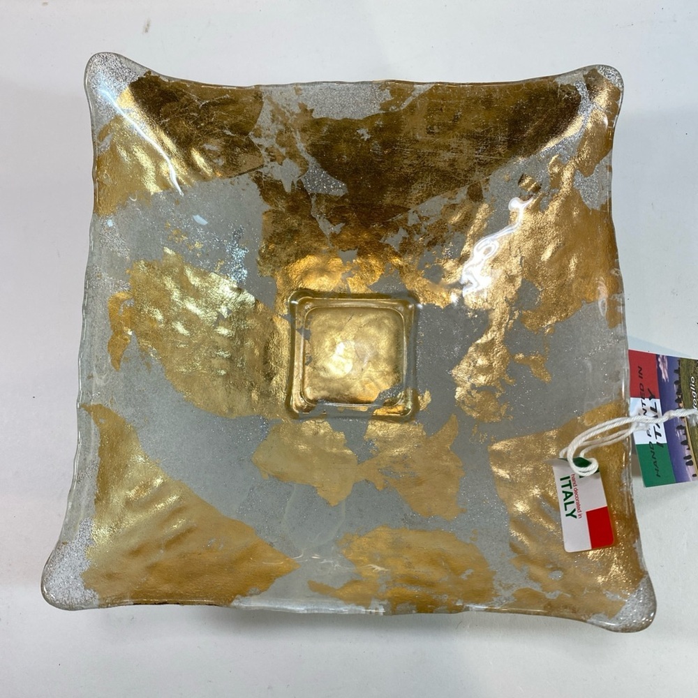 IL Quadrifoglio Glass Square Bowl‎ Sparkling Silver & Gold 7.7x7.7” Hand Painted